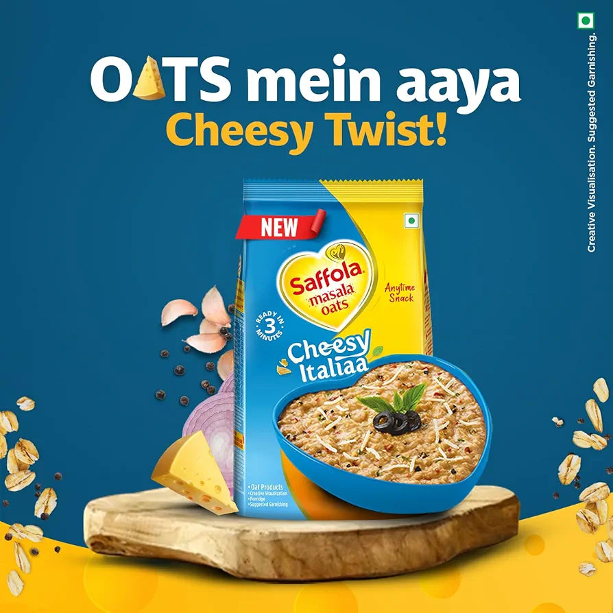 Saffola Masala Oats Cheesy Italian, Creamy Flavoured Rolled Oats with High Fibre, Yummy Anytime Snack, 400g