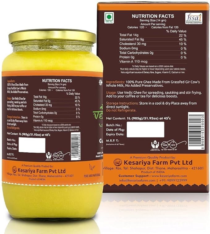 Vedic Ghee Premium A2 Gir Cow Cultured Desi Ghee - 1 Ltr Each (Pack of 2)