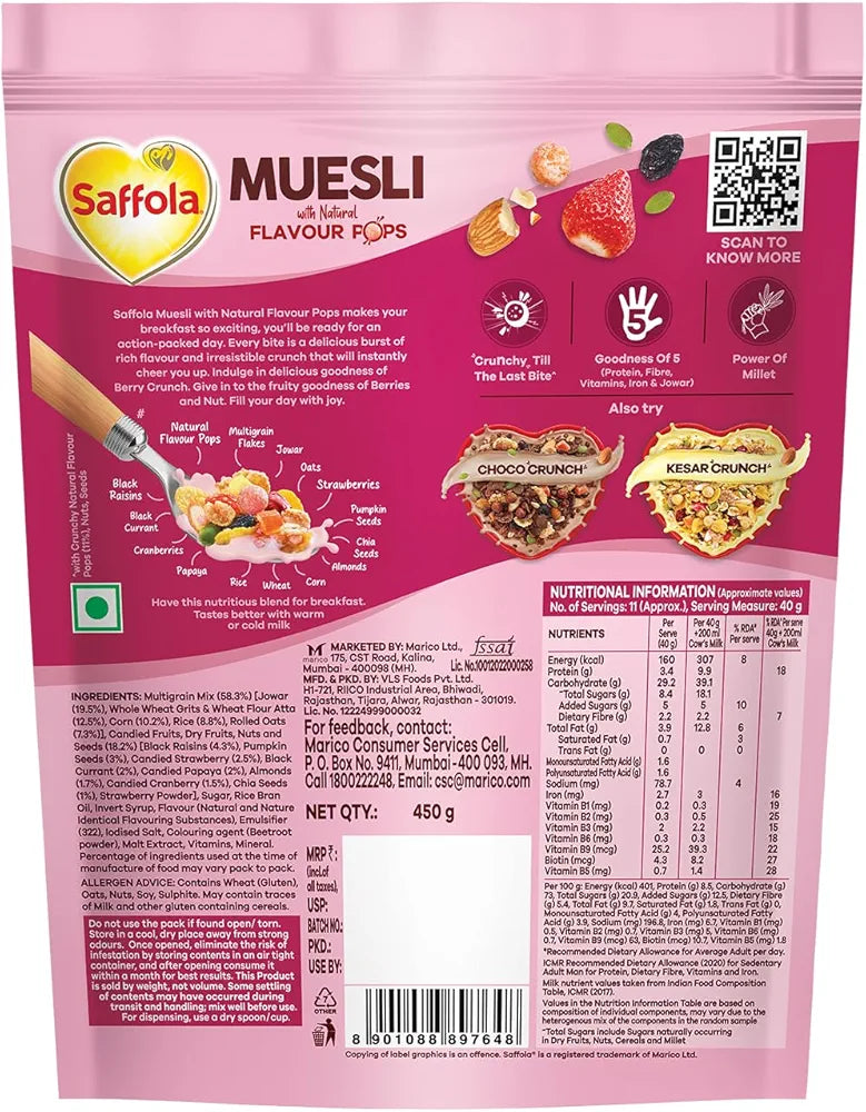 Saffola Muesli Berry Crunch with Flavour Pops, 450 gm | 15 in 1 Fruit and Nuts, Seeds, Millet & more | Cereals for breakfast rich with wholegrain, protein, fibre