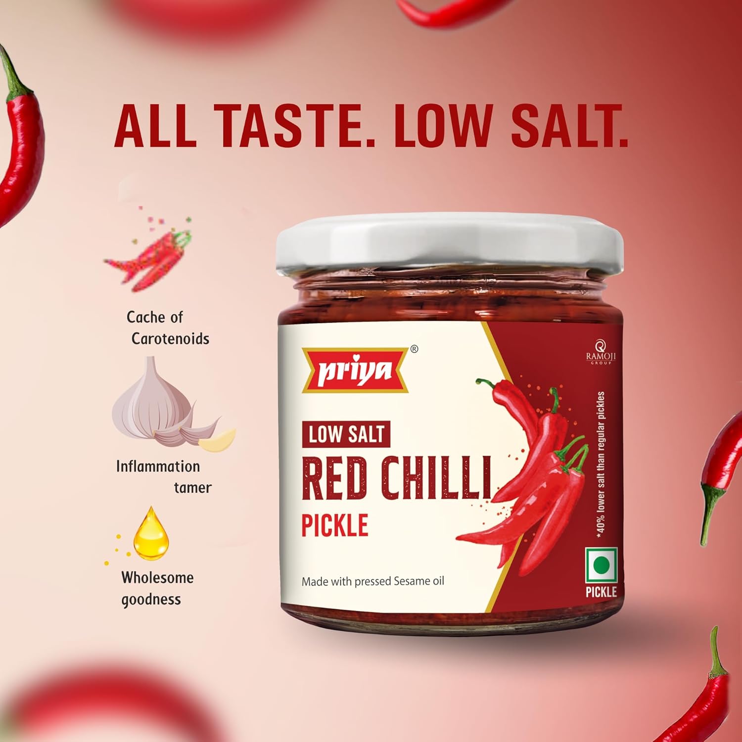 Priya Low Salt Red Chilli Pickle - 210 gms - Veeha Foods