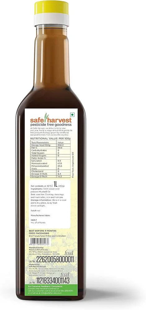 Safe Harvest Pesticide Free Wood Cold Pressed Mustard Oil/Kolhu, High Pungency, Rich in Omega 3 and 6