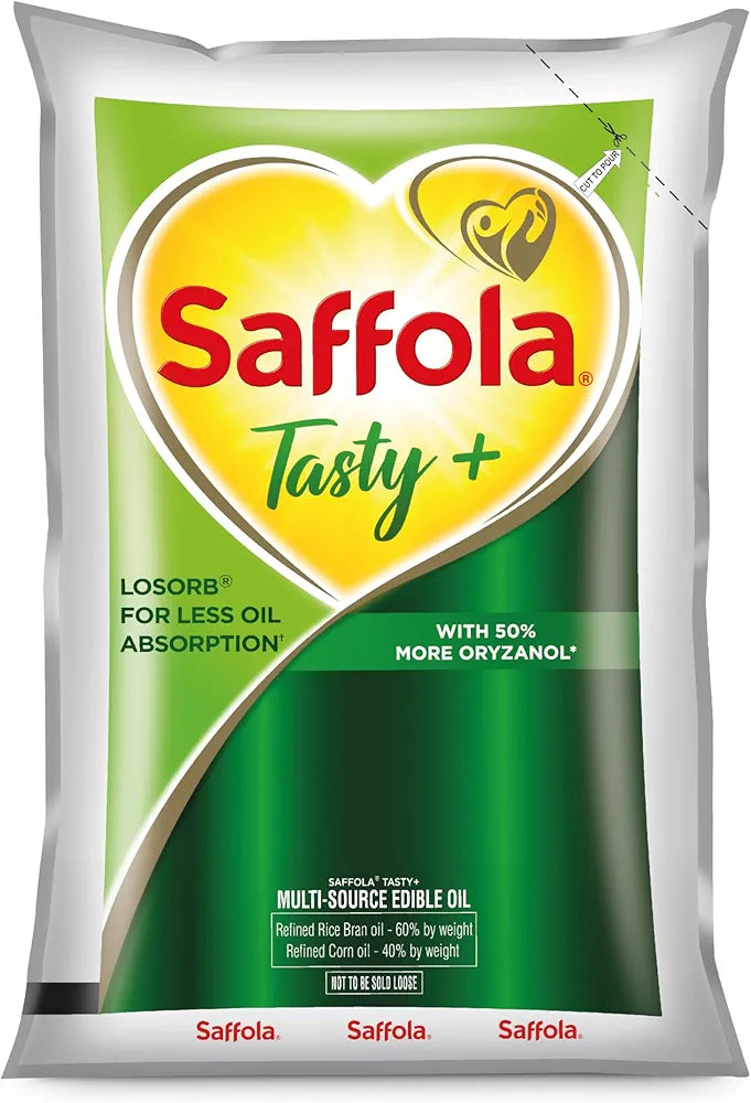 Saffola Tasty + Refined Cooking Oil | Multi-Source Edible Rice Bran & Corn Oil | 50% More Oryzanol | 1 Litre Pouch