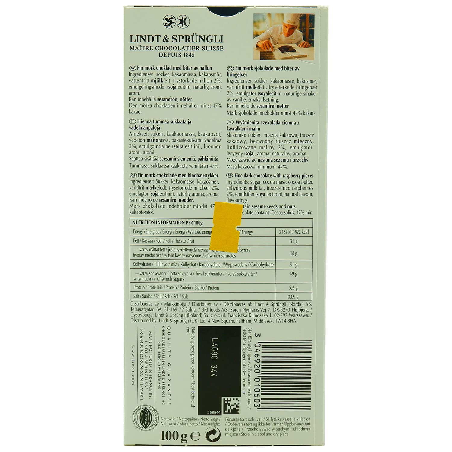 Lindt Excellence Raspberry Intense Dark Chocolate - 100 gms - Veeha Foods