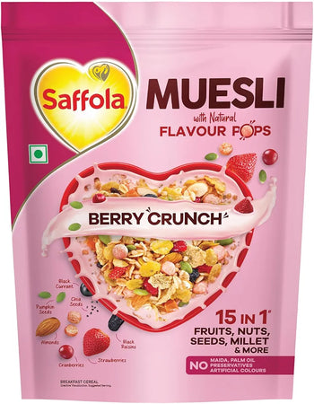 Saffola Muesli Berry Crunch with Flavour Pops, 450 gm | 15 in 1 Fruit and Nuts, Seeds, Millet & more | Cereals for breakfast rich with wholegrain, protein, fibre