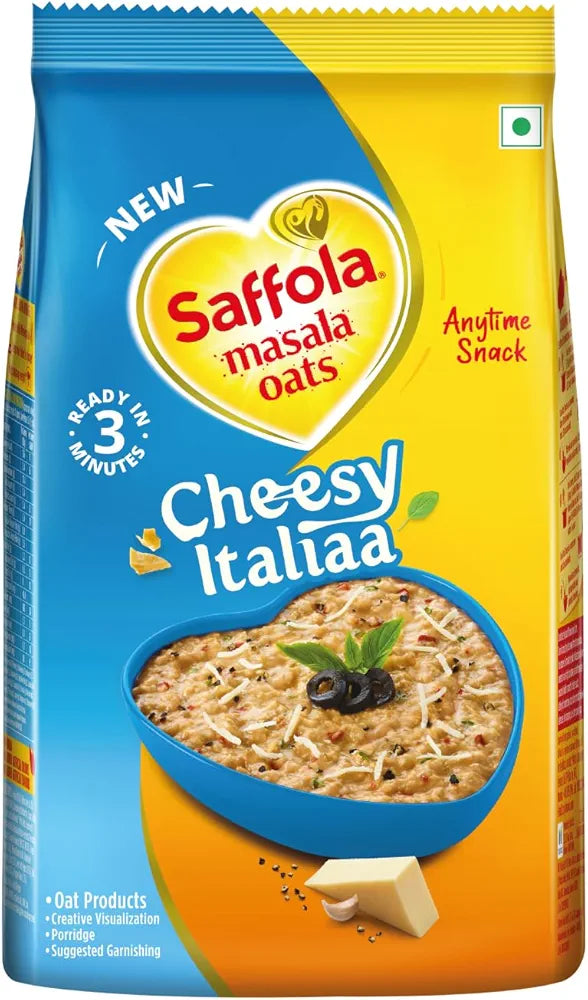 Saffola Masala Oats Cheesy Italian, Creamy Flavoured Rolled Oats with High Fibre, Yummy Anytime Snack, 400g