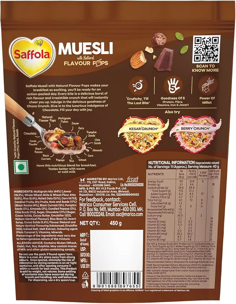 Saffola Muesli Choco Crunch with Flavour Pops, 450 gm | 15 in 1 Fruit and Nuts, Seeds, Millet & more | Cereals for breakfast with wholegrain, protein, fibre