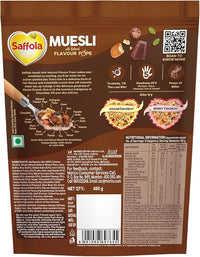 Saffola Muesli Choco Crunch with Flavour Pops, 450 gm | 15 in 1 Fruit and Nuts, Seeds, Millet & more | Cereals for breakfast with wholegrain, protein, fibre