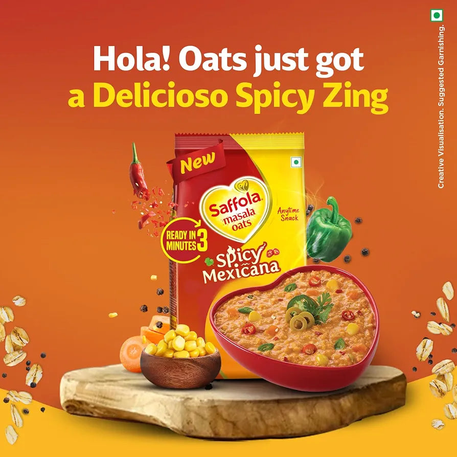 Saffola Masala Oats Spicy Mexican, Spicy Flavoured Rolled Oats with High Fibre, Yummy Anytime Snack, 400g