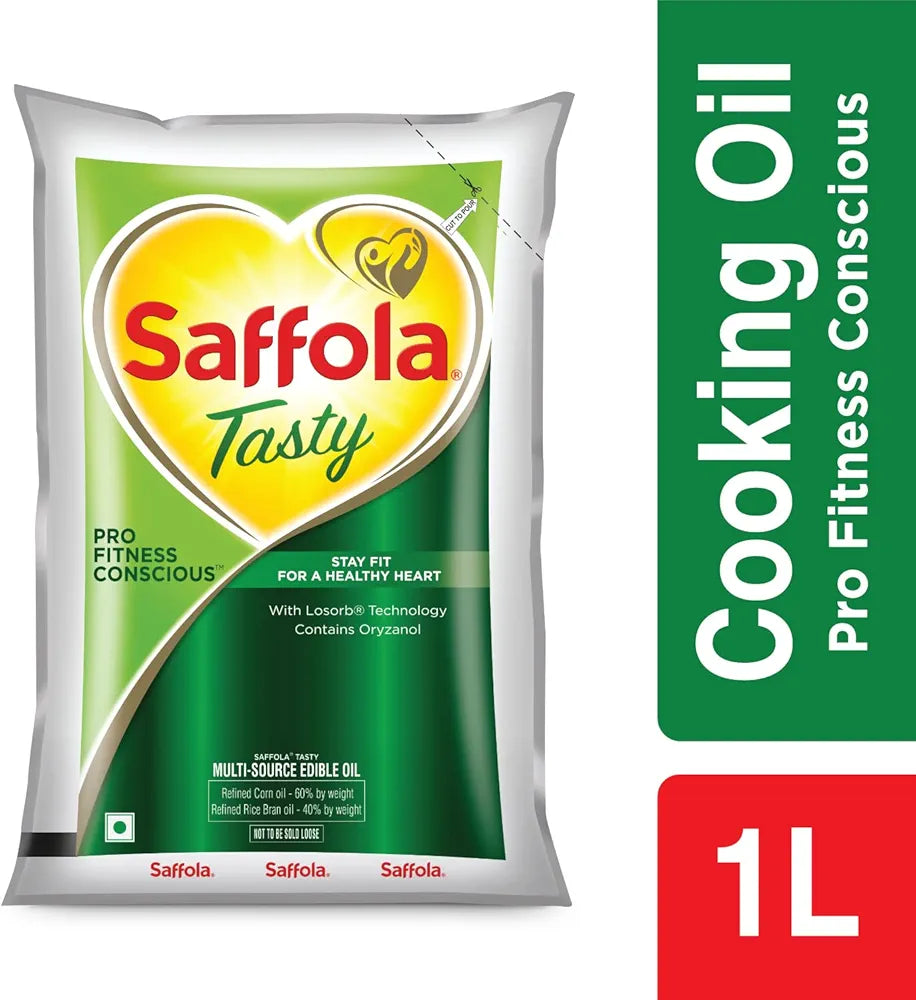 Saffola Tasty + Refined Cooking Oil | Multi-Source Edible Rice Bran & Corn Oil | 50% More Oryzanol | 1 Litre Pouch