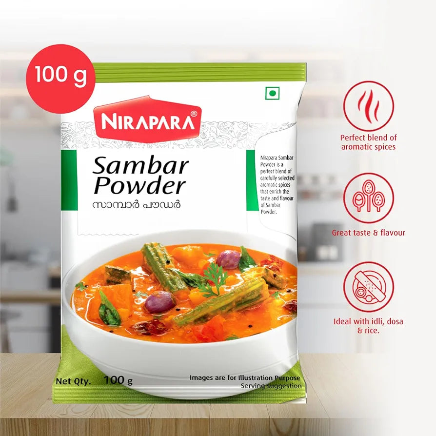 Nirapara Sambar Masala for Incredible Taste and Flavour| Perfectly Blended for Rich Texture & Aroma| Ready to Cook Masala| No Artificial Flavours & Colours| Hygienically Packed| 100g x 5| 500 gms