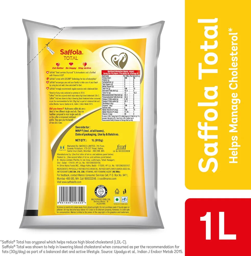 Saffola Total Oil | Heart Pro | Multi source Edible Oil  | Power of 6 | Helps Manage Cholesterol | 1 Litre Pouch