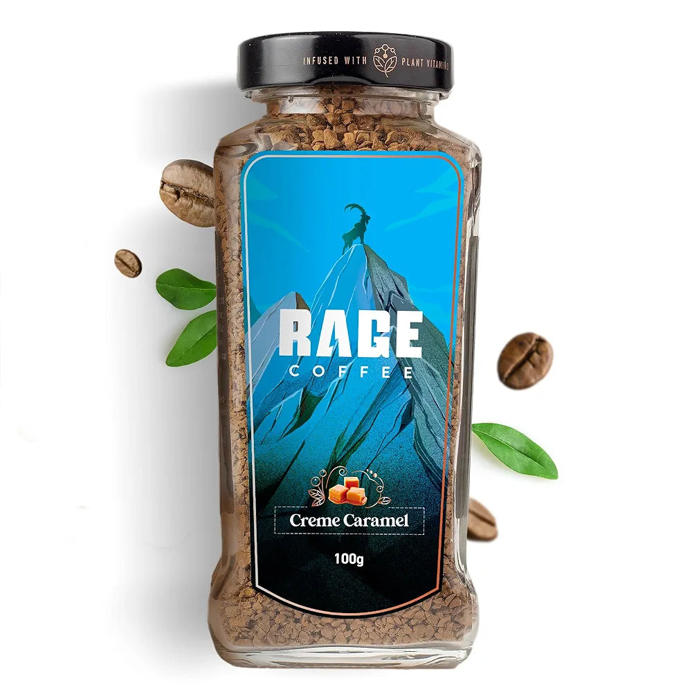 RAGE COFFEE Creme Caramel - Flavored Instant Coffee Powder for both Hot & Cold Coffee, 100% Single Origin Arabica Coffee Beans Powder, Premium Coffee Infused with Plant Vitamins 