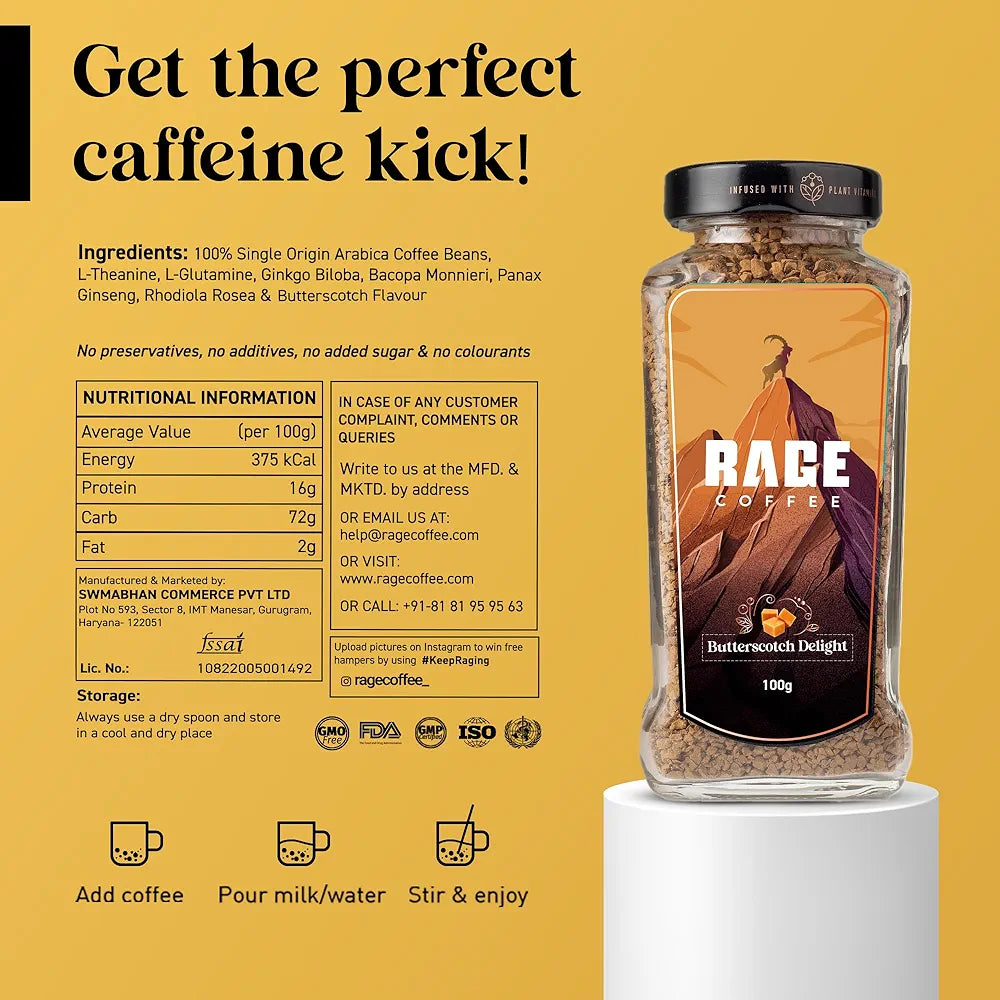 Rage Coffee Butterscotch Delight Flavour - Premium Arabica Instant Coffee   