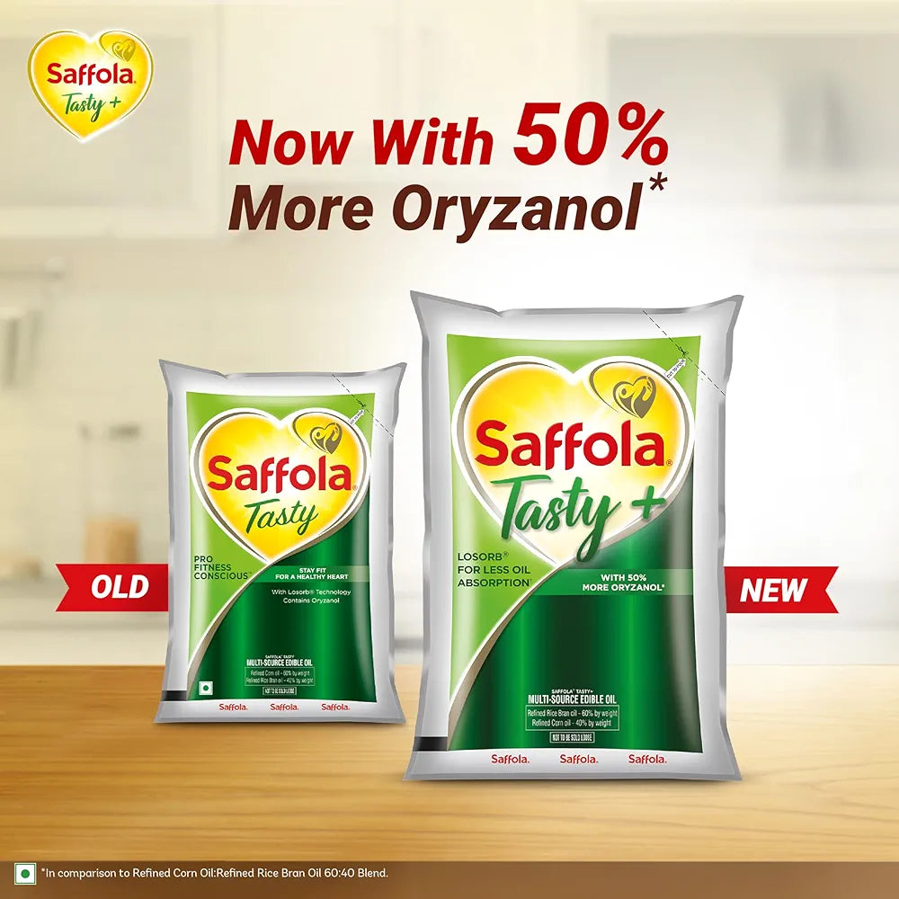 Saffola Tasty + Refined Cooking Oil | Multi-Source Edible Rice Bran & Corn Oil | 50% More Oryzanol | 1 Litre Pouch