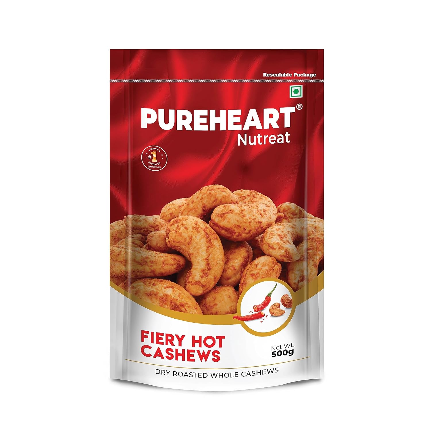 Pureheart Nutreat Fiery Hot Cashews - Natural Premium Spicy Roasted Whole Cashew Nuts/Kaju Dry Fruit, Crunchy & Delicious Chili Cashews - Resealable Pouch