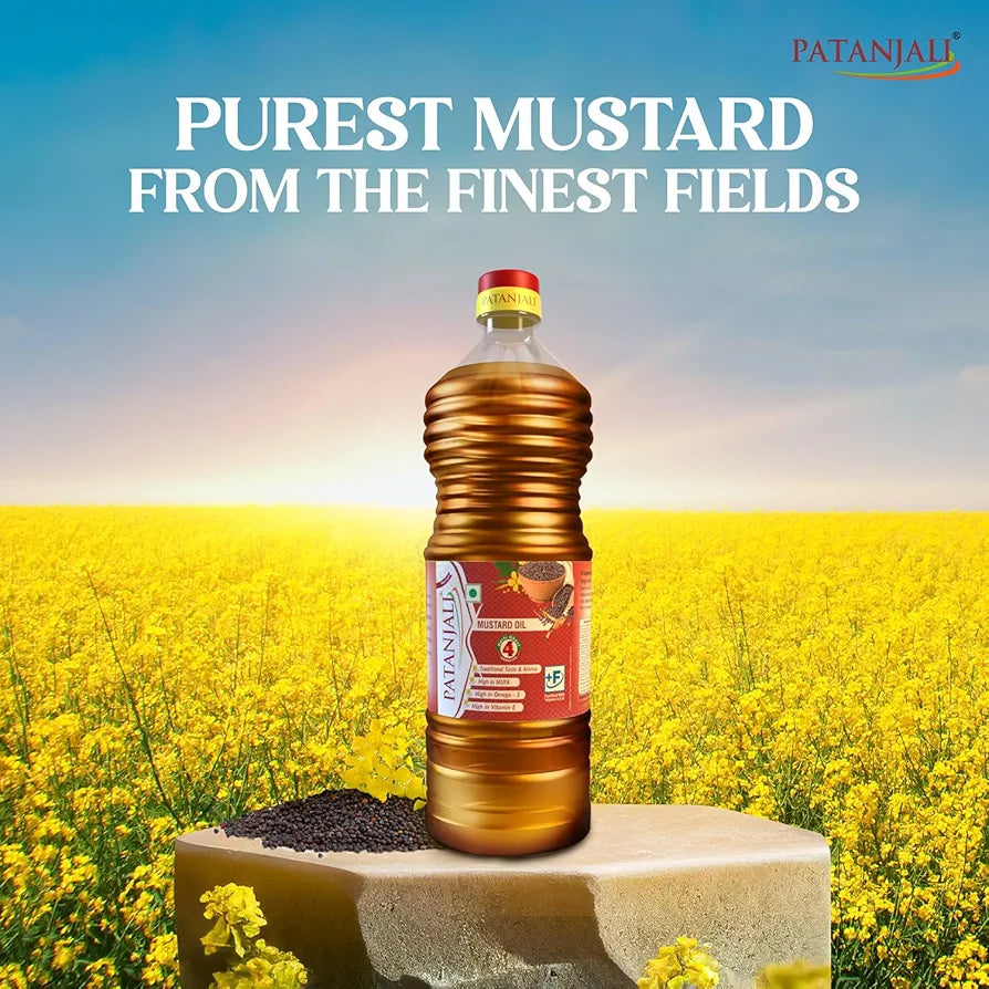 Patanjali Pure Mustard Oil, Natural Kachi Ghani, Sarso ka Tel, Healthy Cooking Oil for Daily Use - 1L