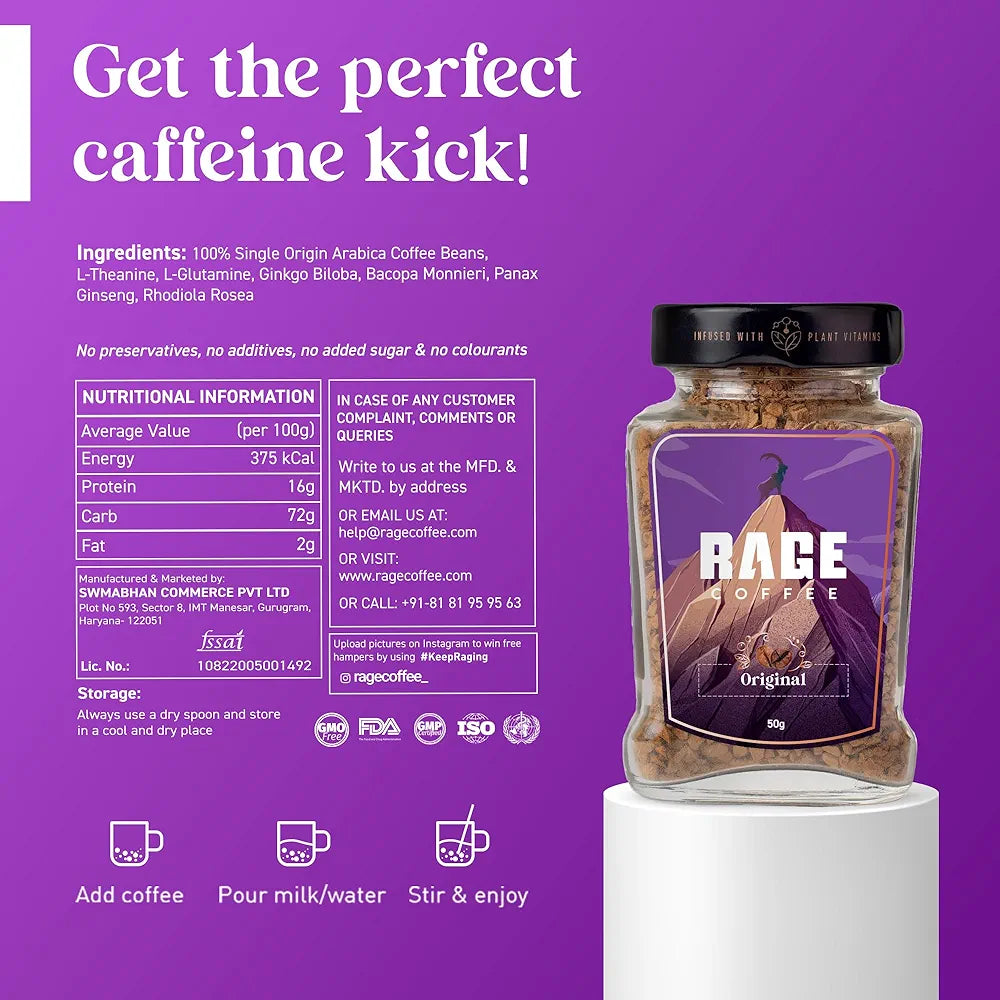 Rage Coffee Original Coffee Blend 100% Pure Arabica Beans | Instant Coffee for Smooth Aroma & taste, Hot and cold coffee) 