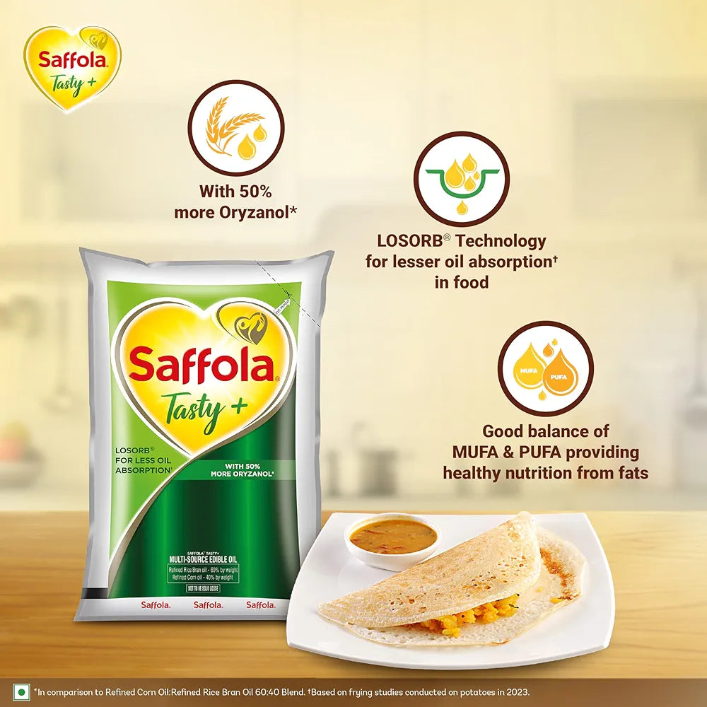 Saffola Tasty + Refined Cooking Oil | Multi-Source Edible Rice Bran & Corn Oil | 50% More Oryzanol | 1 Litre Pouch