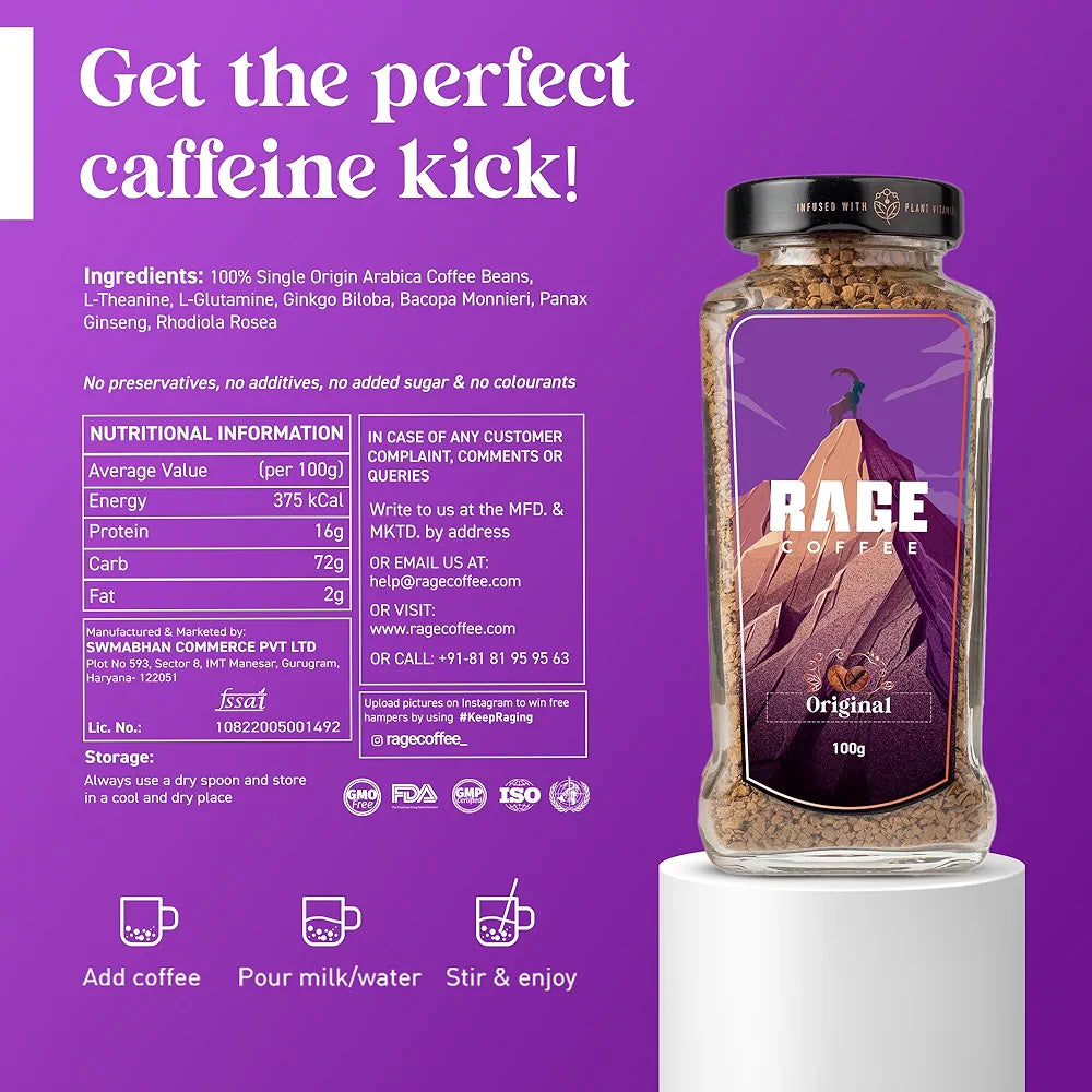 Rage Coffee Original Coffee Blend 100% Pure Arabica Beans | Instant Coffee for Smooth Aroma & taste, Hot and cold coffee) 