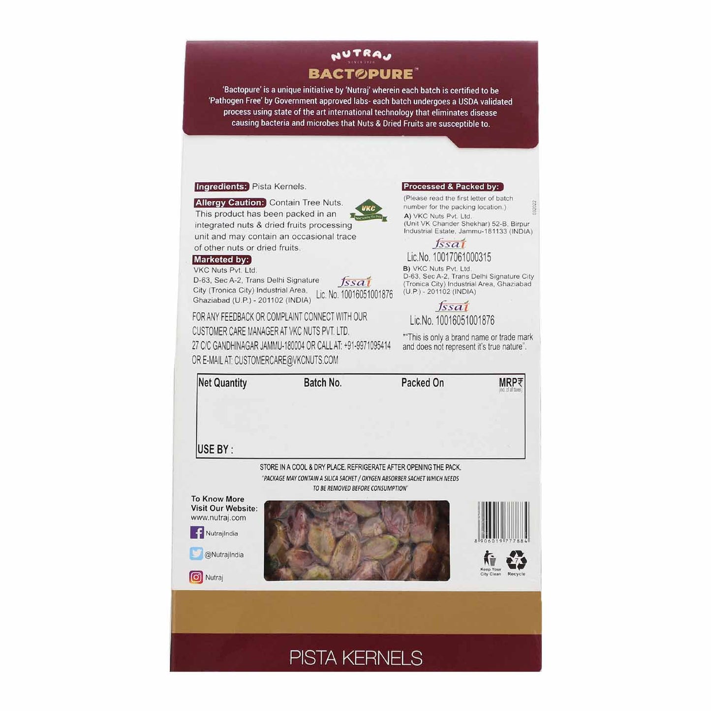 Nutraj Bactopure California Pistachios Kernels (Pista) 100gm