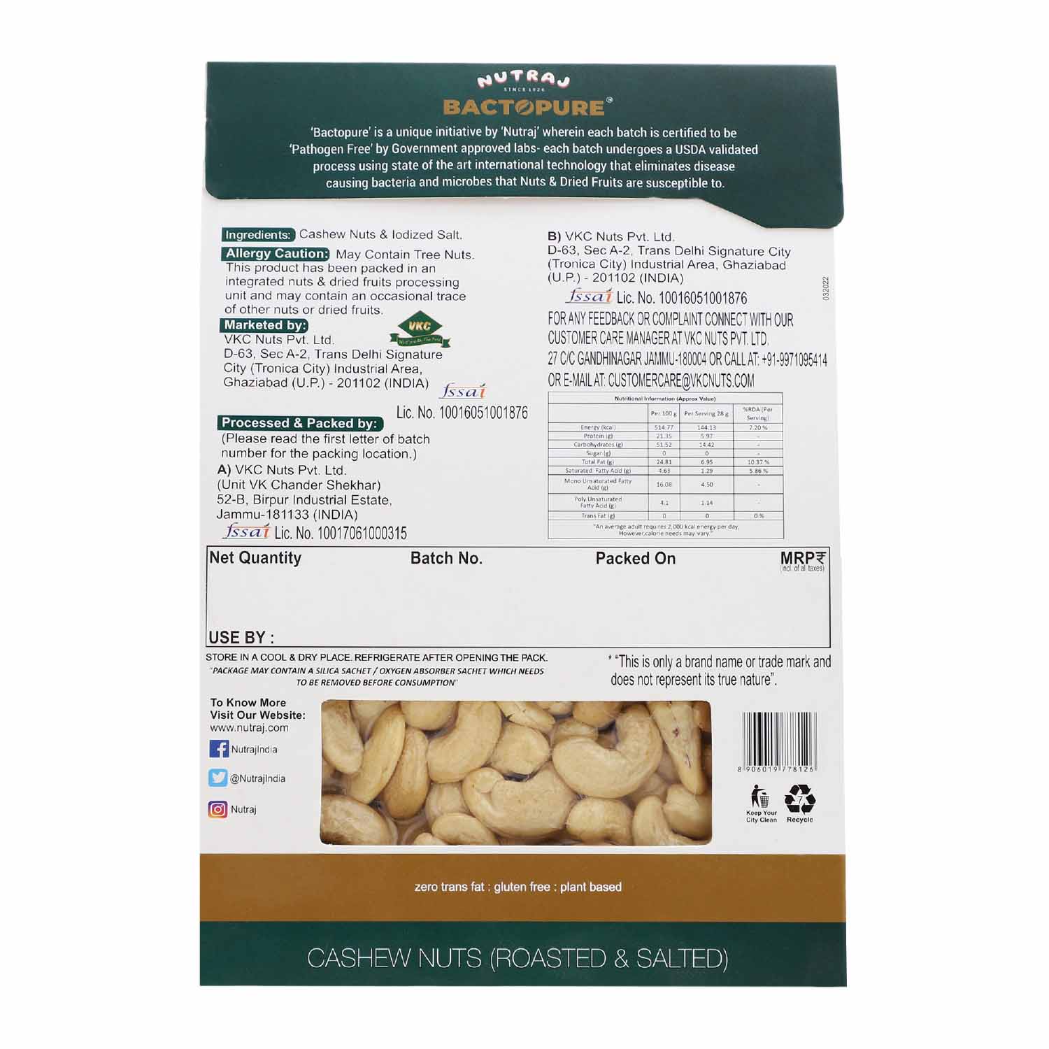 Nutraj Bactopure Roasted Salted Cashew 200gm