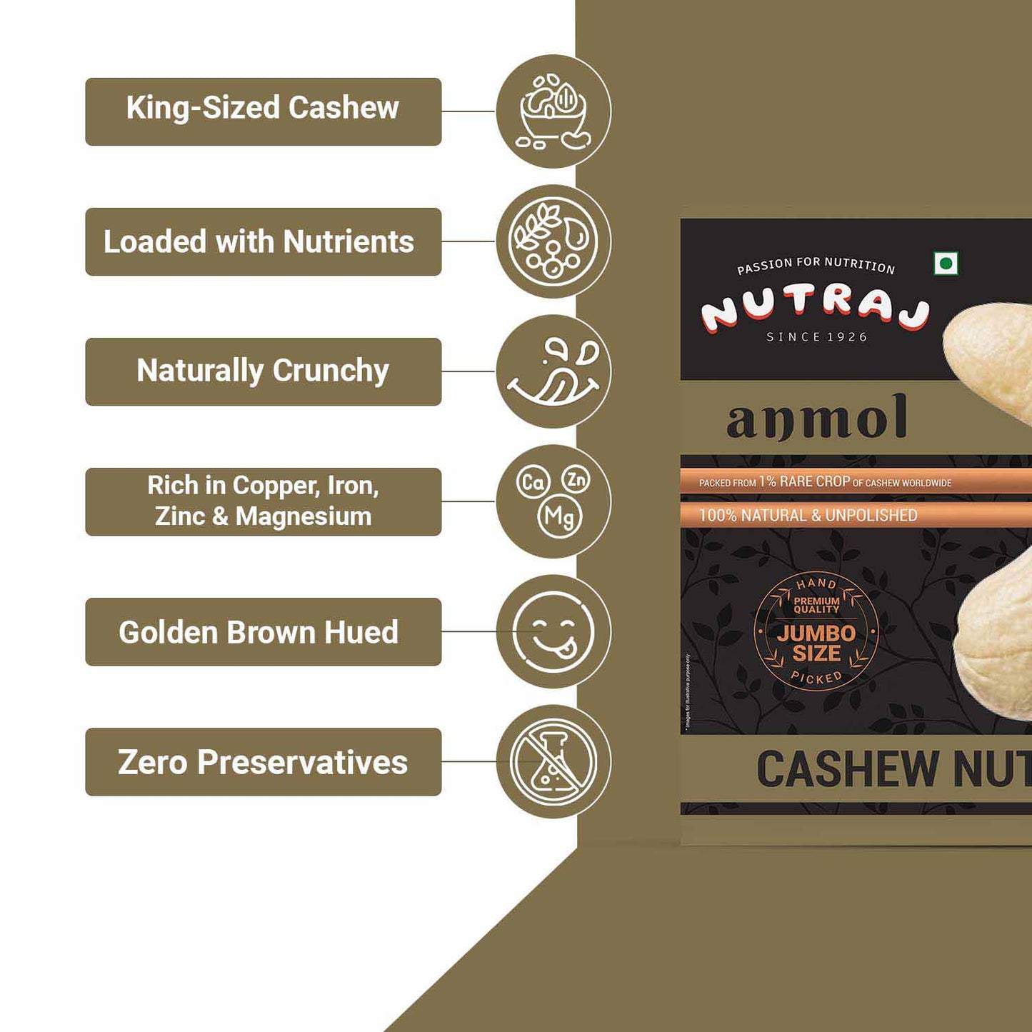 Nutraj Anmol Jumbo Size Cashew (W180) 500gm