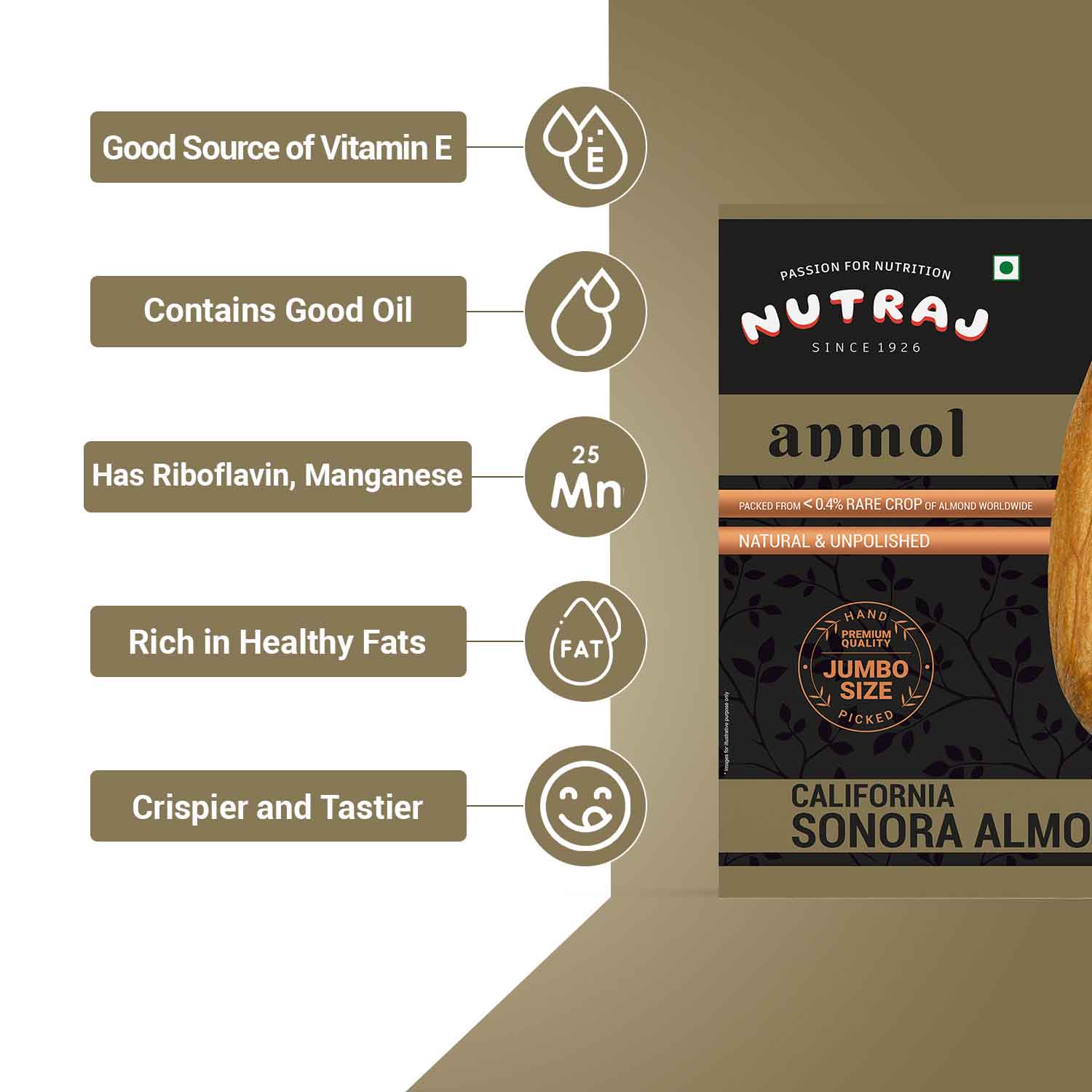 Nutraj Anmol Jumbo Size Sonora Almonds 500gm