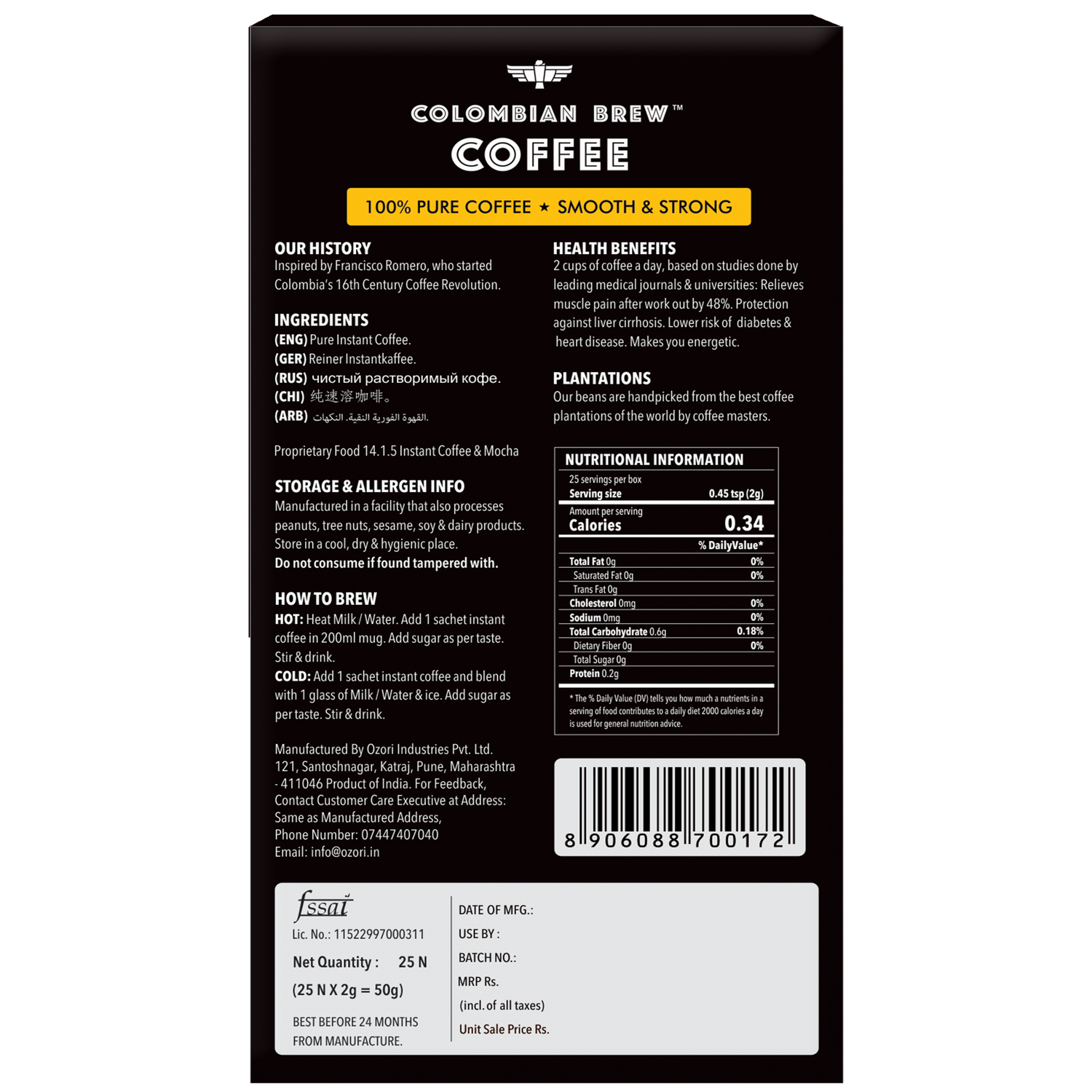 Colombian Brew Original Instant Coffee Powder, Smooth & Strong 50g