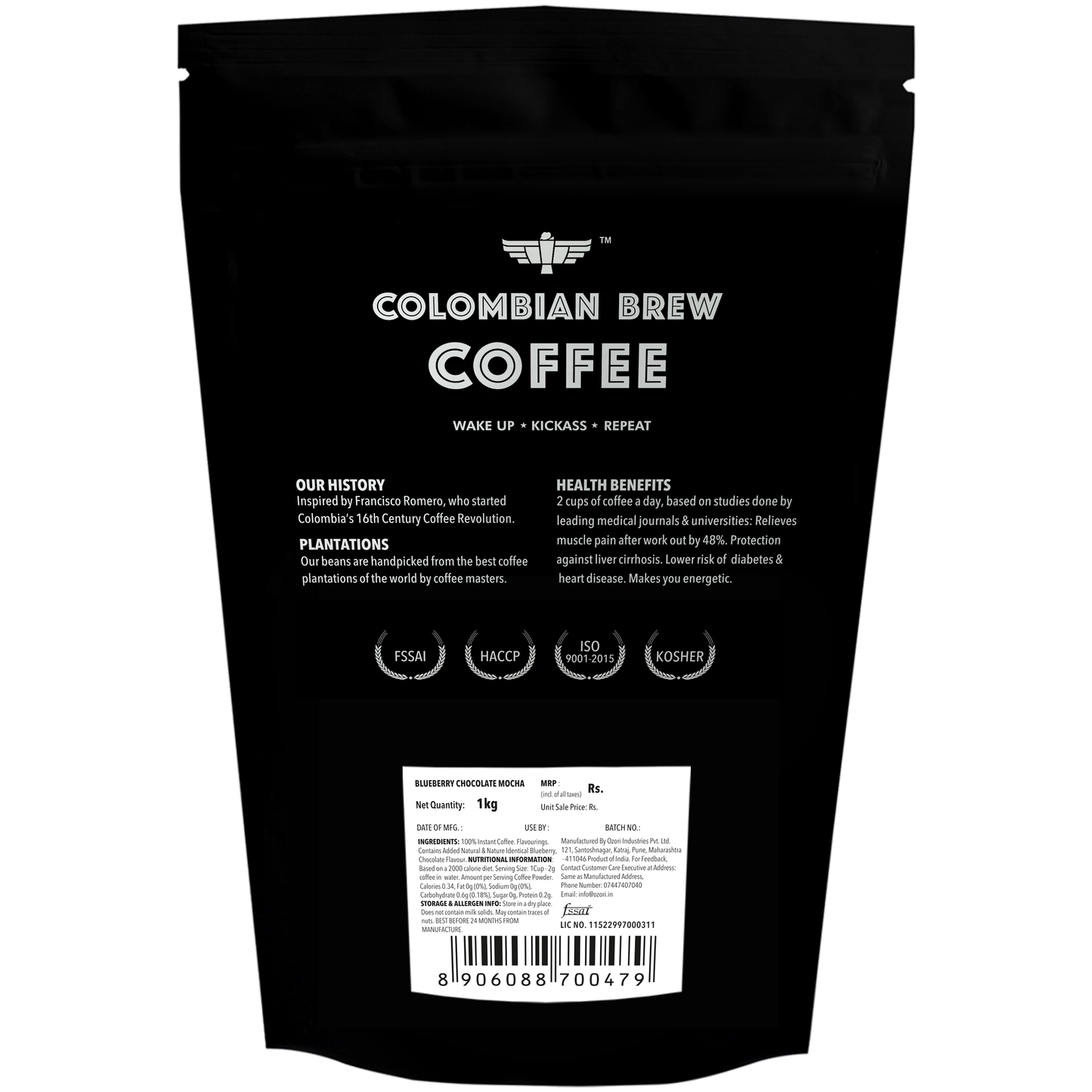 Colombian Brew Blueberry Chocolate Mocha, No Sugar Vegan, 1kg Hotel Pack