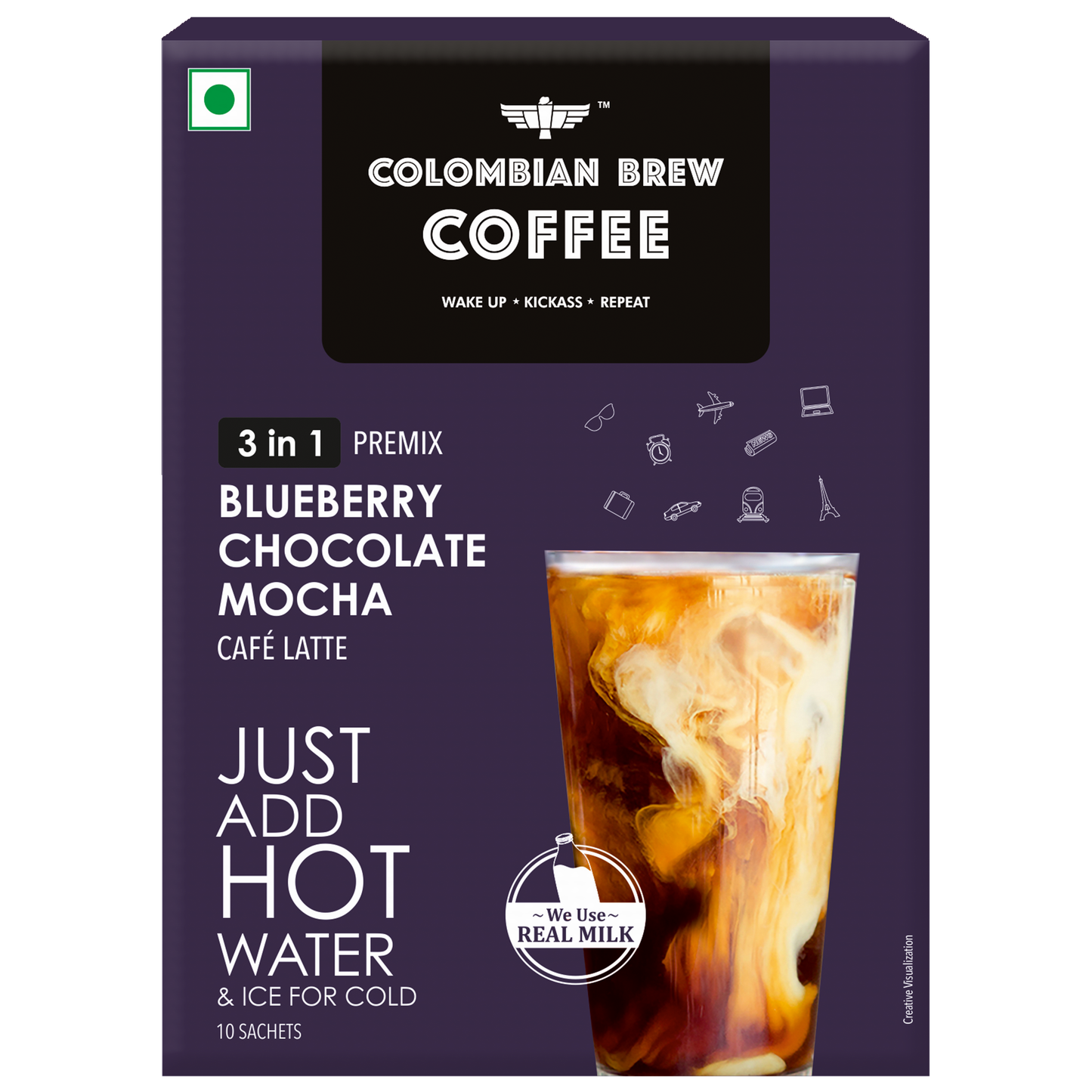 Colombian Brew Blueberry Chocolate Mocha Café Latte, Instant Coffee Powder Premix (3 in 1), 10 Sachets Box 200g