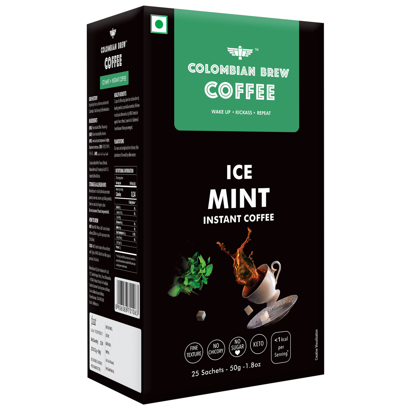 Colombian Brew Ice Mint Instant Coffee Powder, No Sugar Vegan, 50g