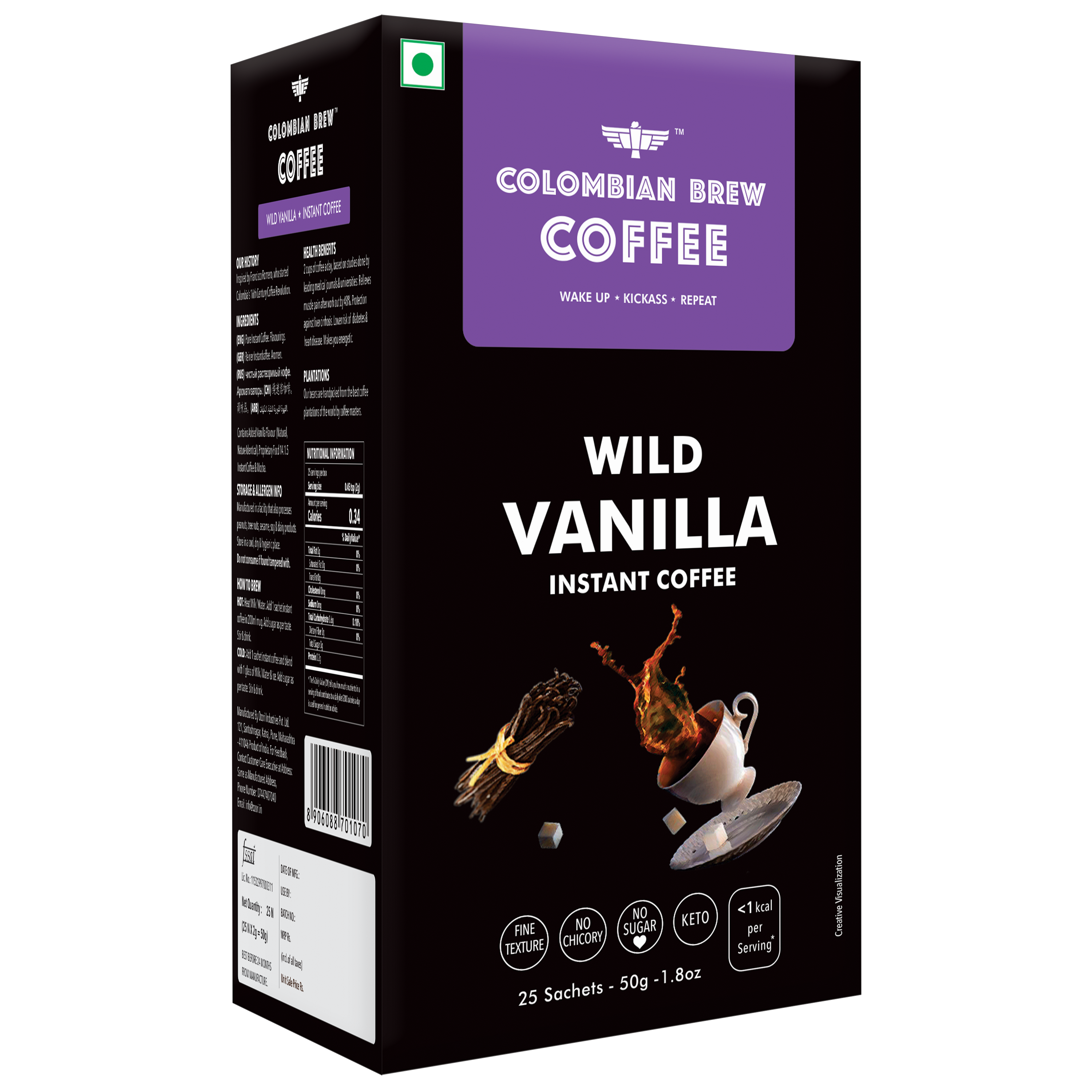 Colombian Brew Coffee Vanilla Instant Coffee Powder - 50 gms - Veeha Foods