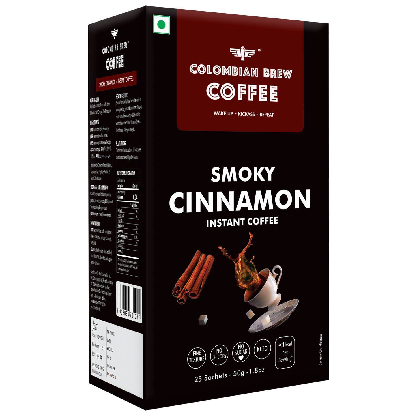 Colombian Brew Smoky Cinnamon Instant Coffee Powder, No Sugar Vegan, 50g