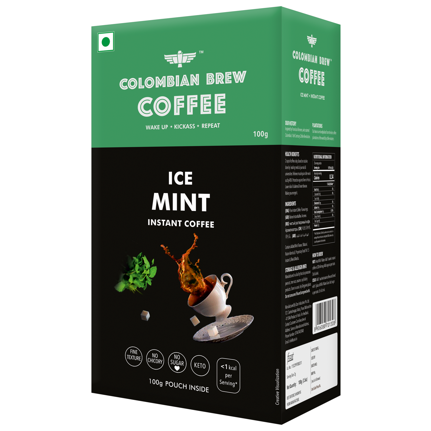 Colombian Brew Ice Mint Instant Coffee Powder, No Sugar Vegan, 100g