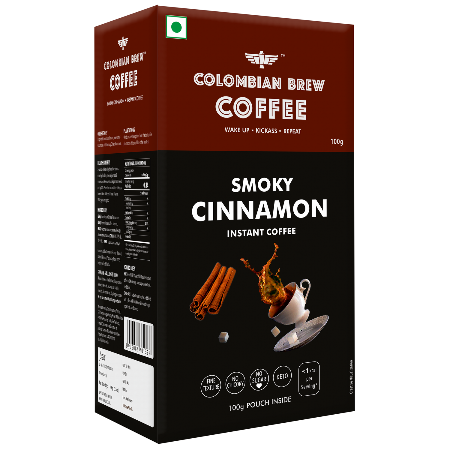 Colombian Brew Smoky Cinnamon Instant Coffee Powder, No Sugar Vegan, 100g