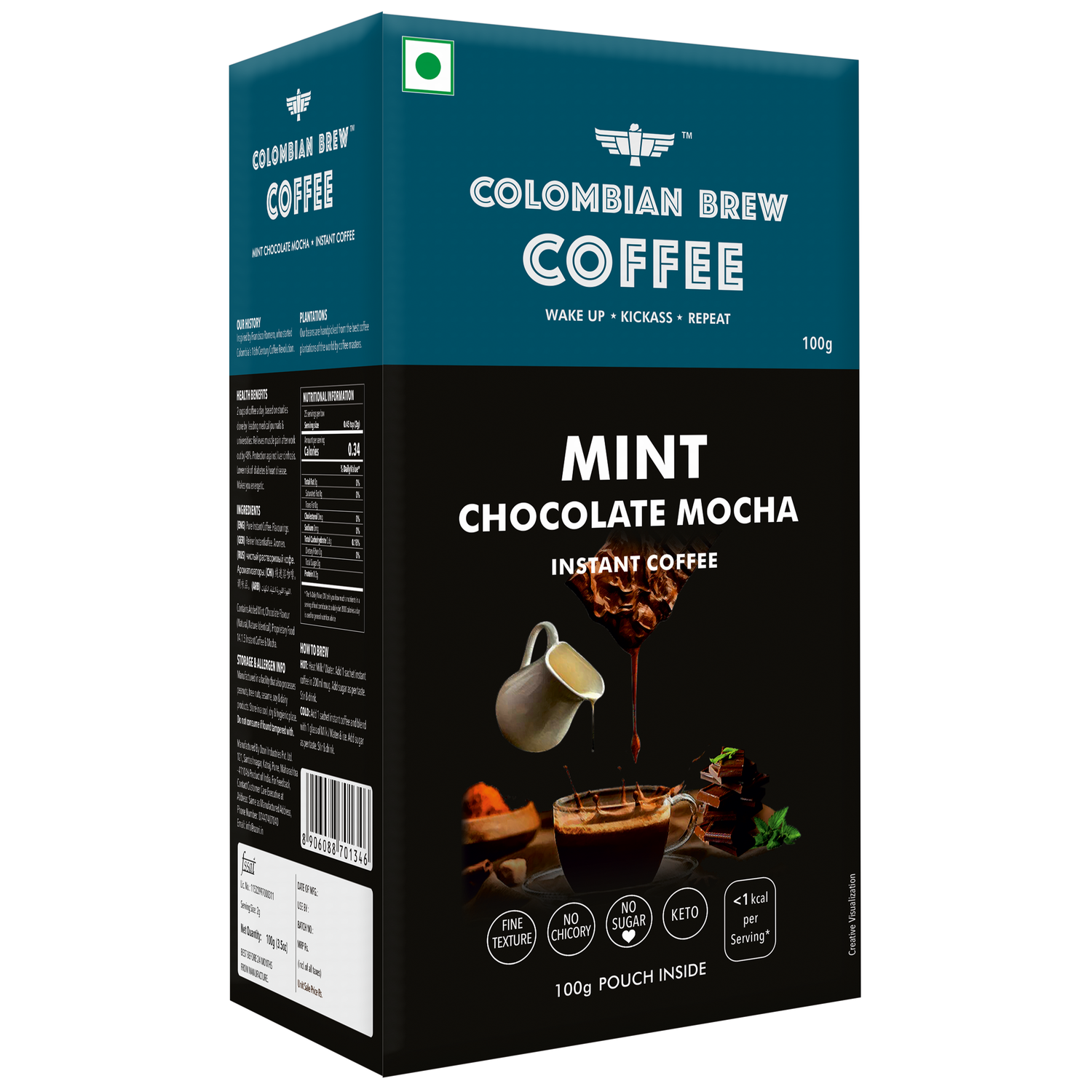 Colombian Brew Mint Chocolate Mocha Instant Coffee Powder, No Sugar Vegan, 100g