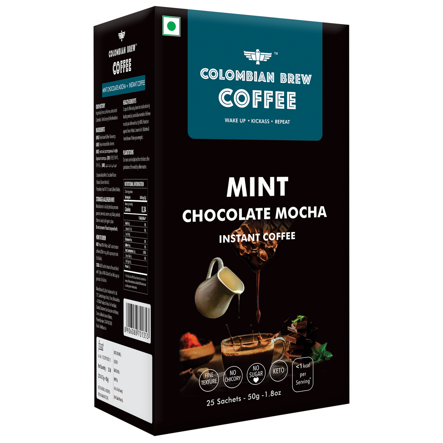 Colombian Brew Mint Chocolate Mocha Instant Coffee, No Sugar Vegan, 50g