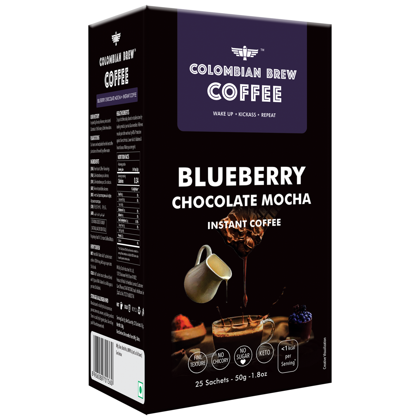 Colombian Brew Blueberry Chocolate Mocha Instant Coffee, No Sugar Vegan, 50g