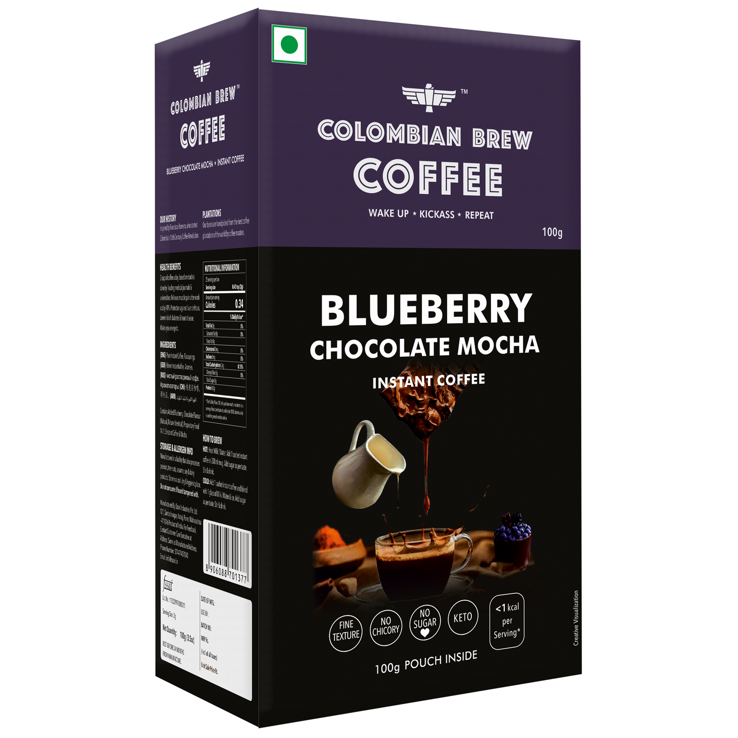 Colombian Brew Blueberry Chocolate Mocha Instant Coffee Powder, No Sugar Vegan, 100g