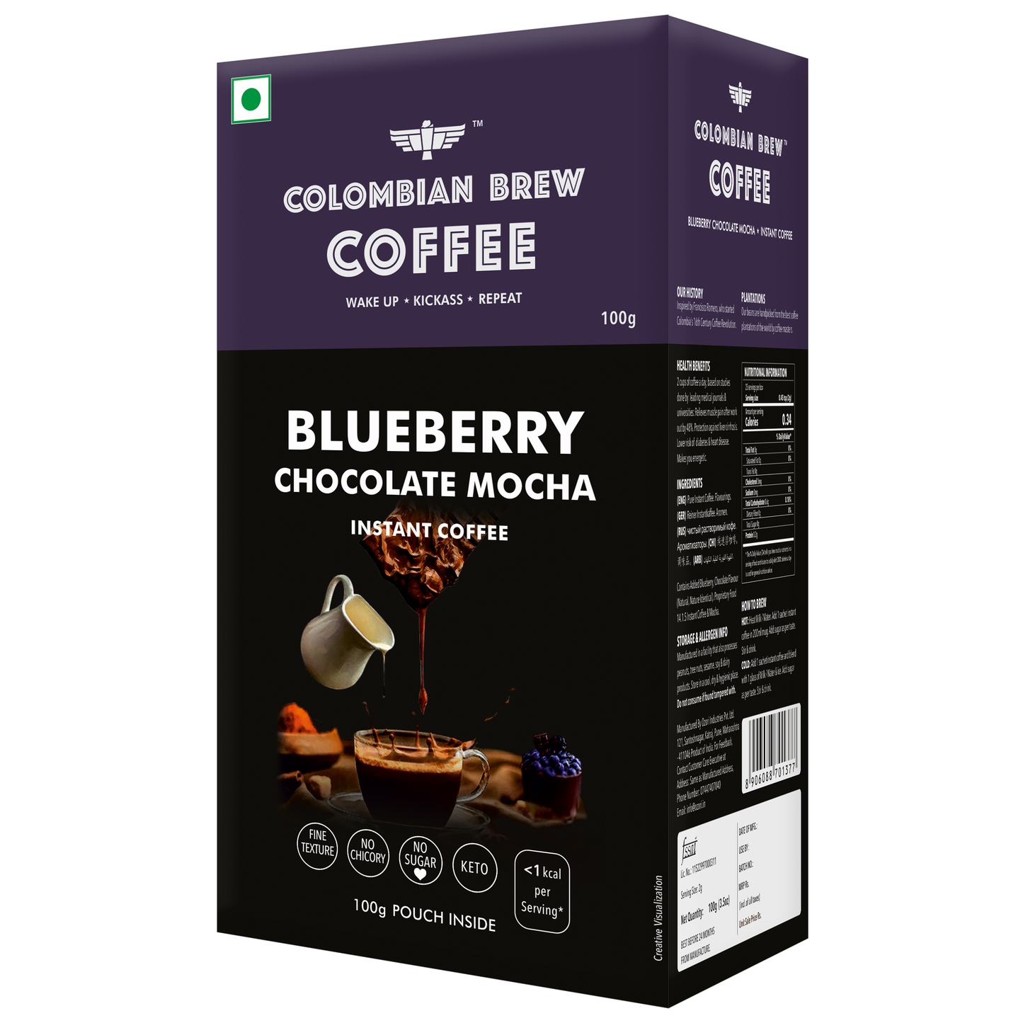 Colombian Brew Blueberry Chocolate Mocha Instant Coffee Powder, No Sugar Vegan, 100g