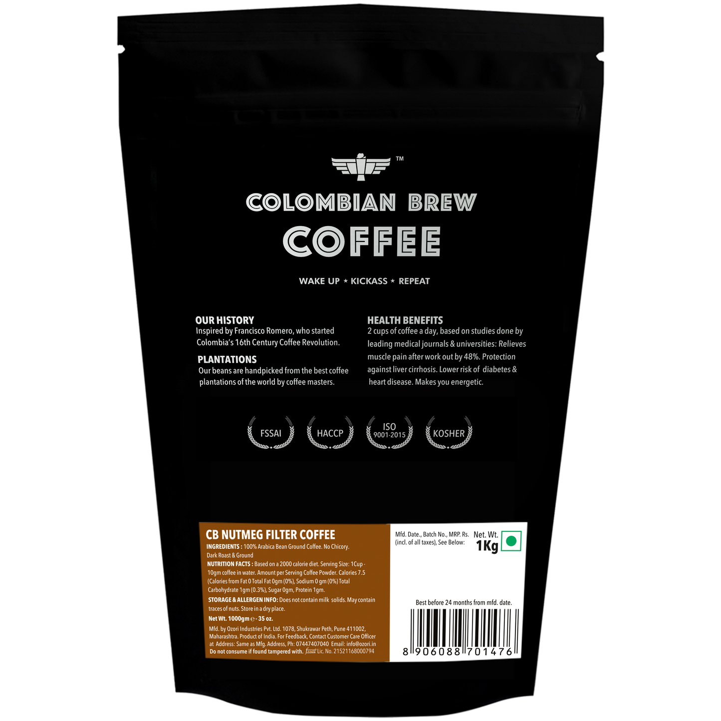 Colombian Brew Nutmeg Filter Coffee Powder, Arabica Roast & Ground, 1kg