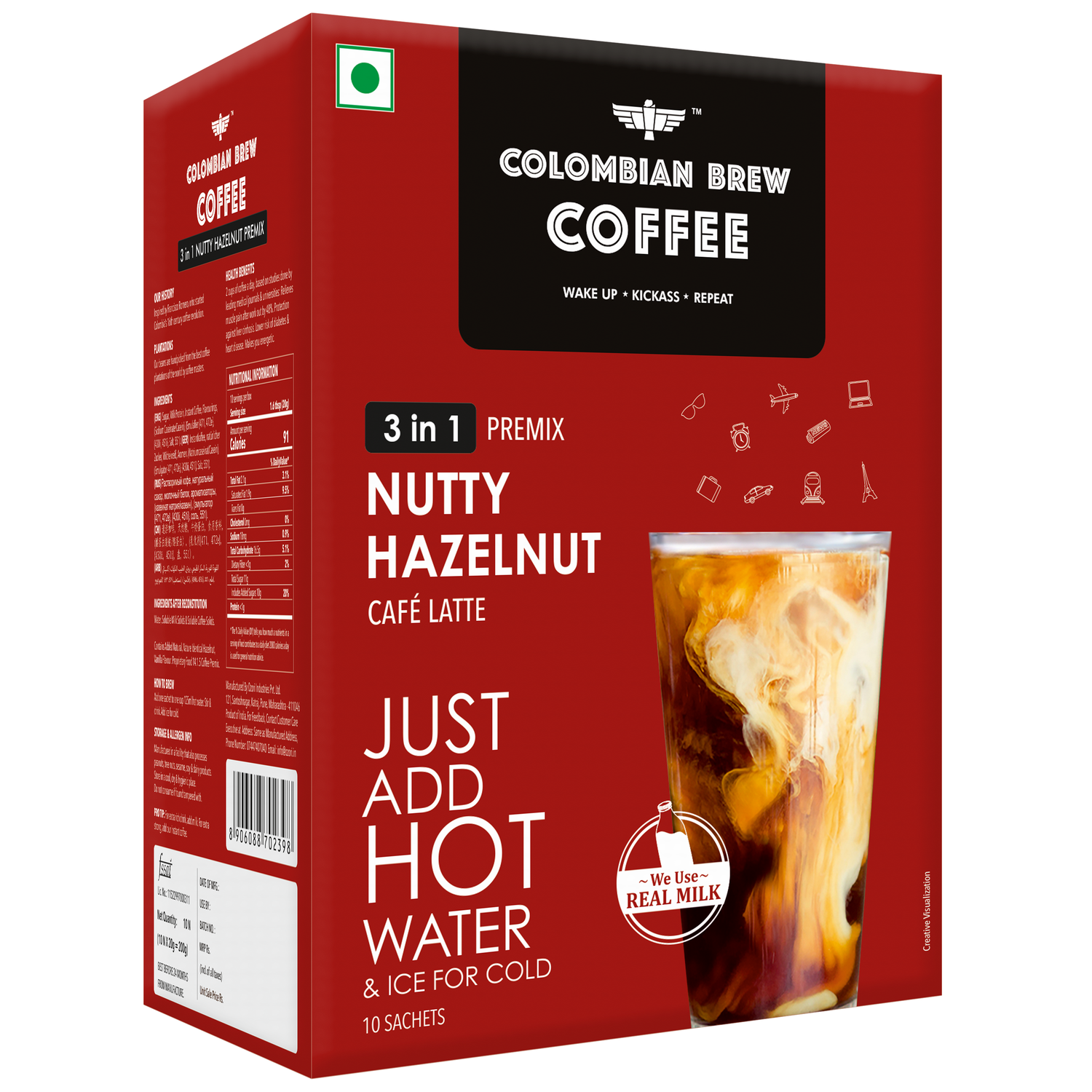 Colombian Brew Hazelnut Café Latte, Instant Coffee Powder Premix (3 in 1), 10 Sachets Box 200g