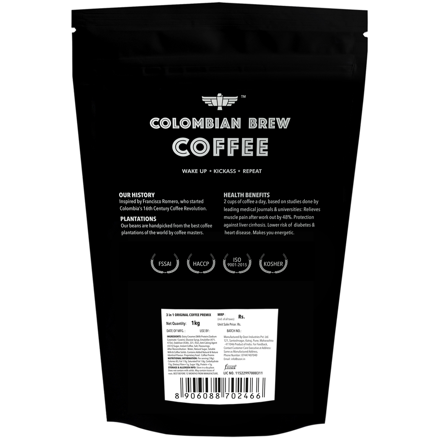 Colombian Brew 3 in 1 Cappuccino Café Latte, Instant Coffee Powder Premix 1kg