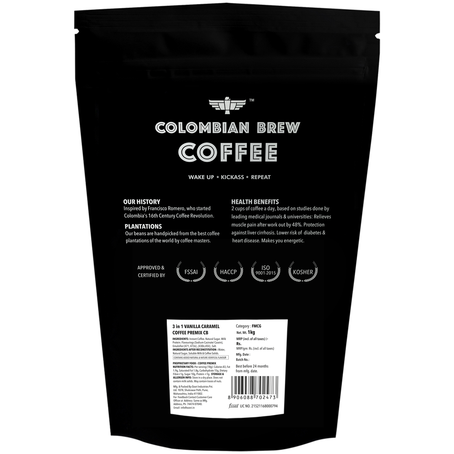 Colombian Brew Vanilla Caramel Café Latte, Instant Coffee Powder Pre-mix (3 in 1) 1kg