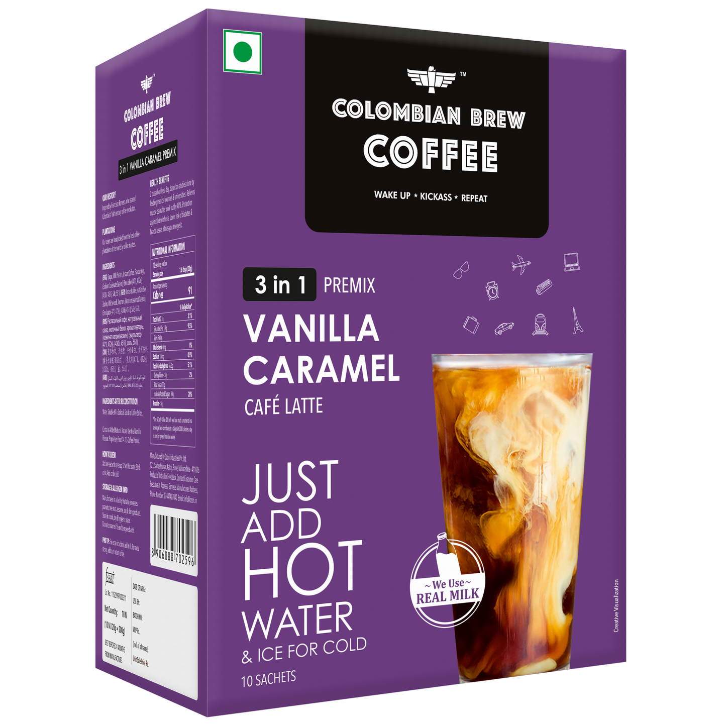 Colombian Brew Vanilla Caramel Café Latte, Instant Coffee Powder Premix (3 in 1), 10 Sachets Box 200g