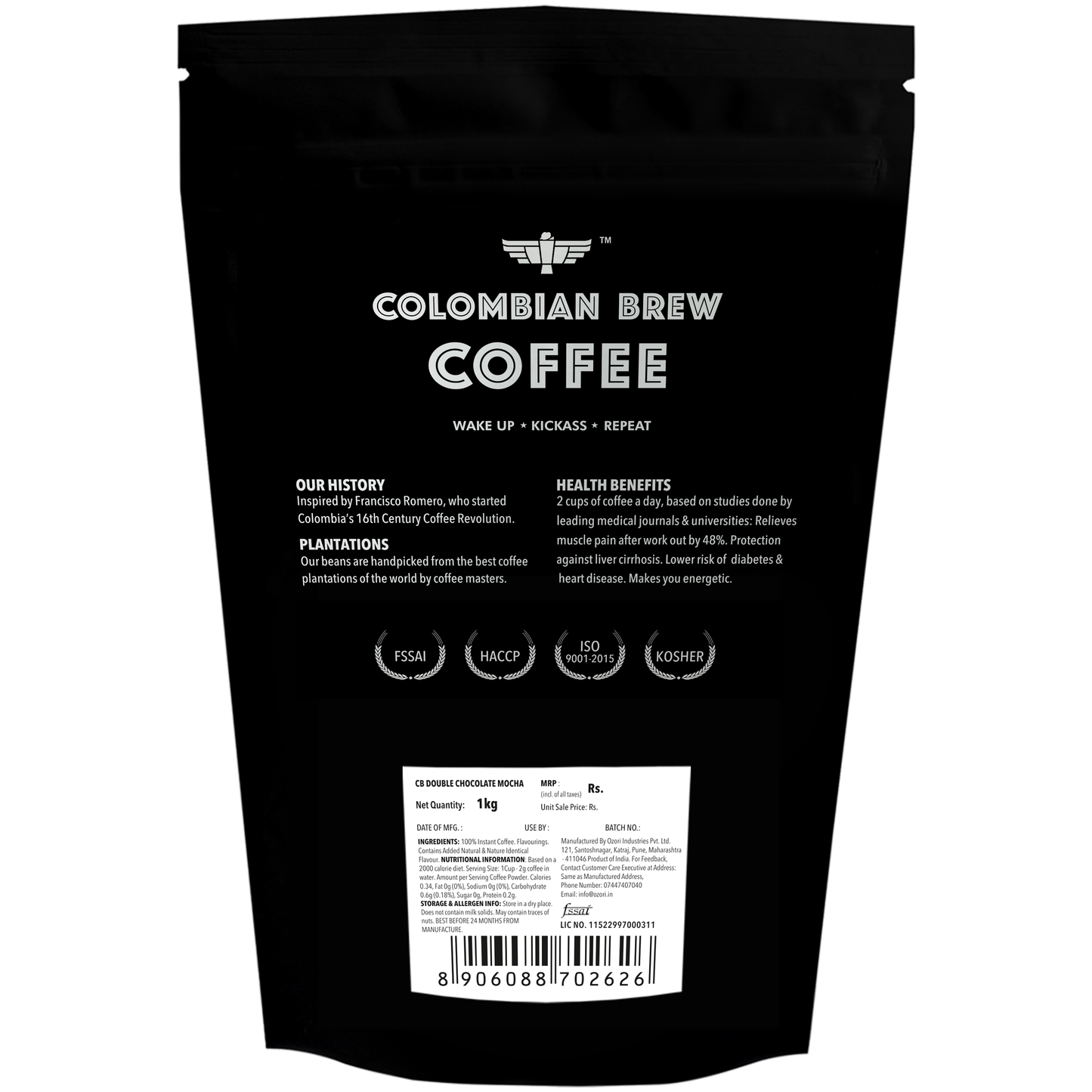 Colombian Brew Double Chocolate Mocha, No Sugar Vegan, 1kg Hotel Pack