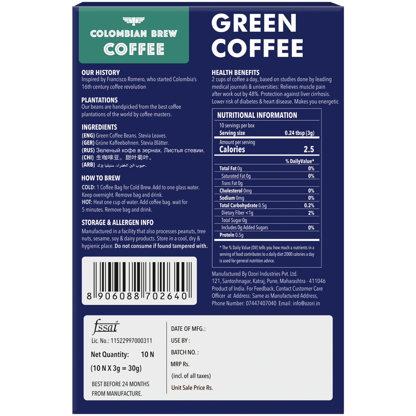 Colombian Brew Coffee Green Coffee Powder, Hot & Cold Brew 10 Bags (For Weight Loss)