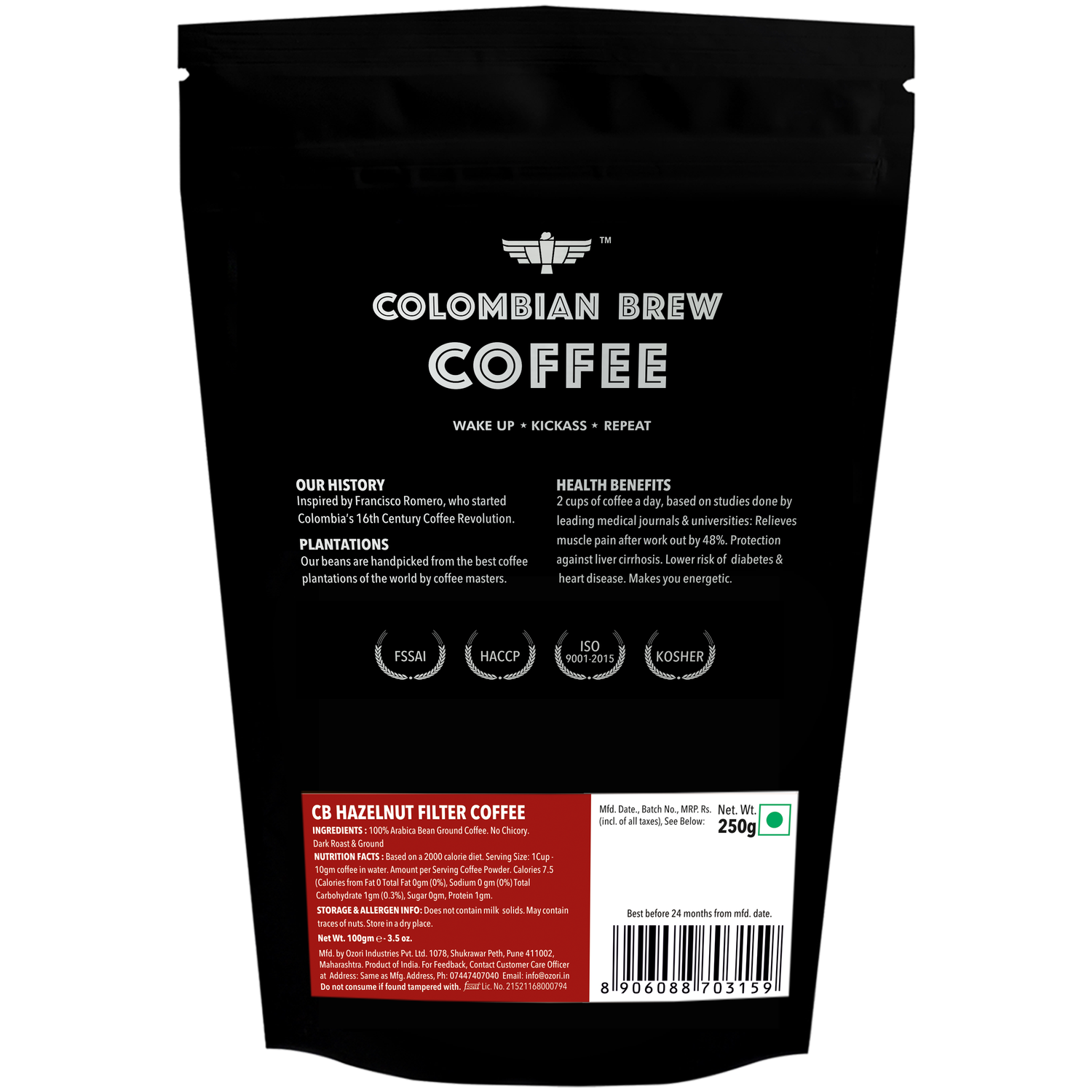 Colombian Brew Hazelnut Filter Coffee Powder, Arabica Roast & Ground, 250g (Make Espresso, French Press, Cold Brew, Hot Brew)