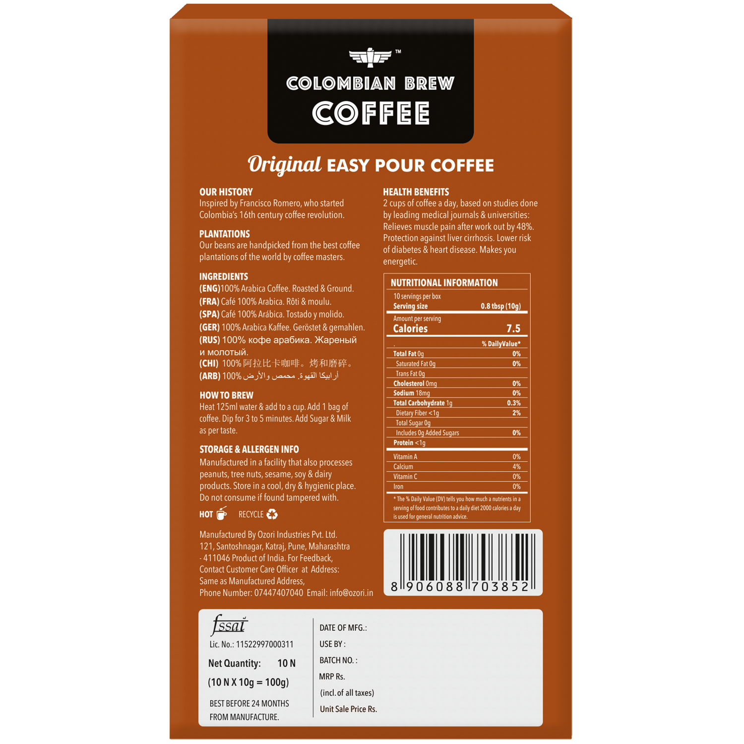 Colombian Brew Coffee Original Easy Pour 10 Bags, 100g