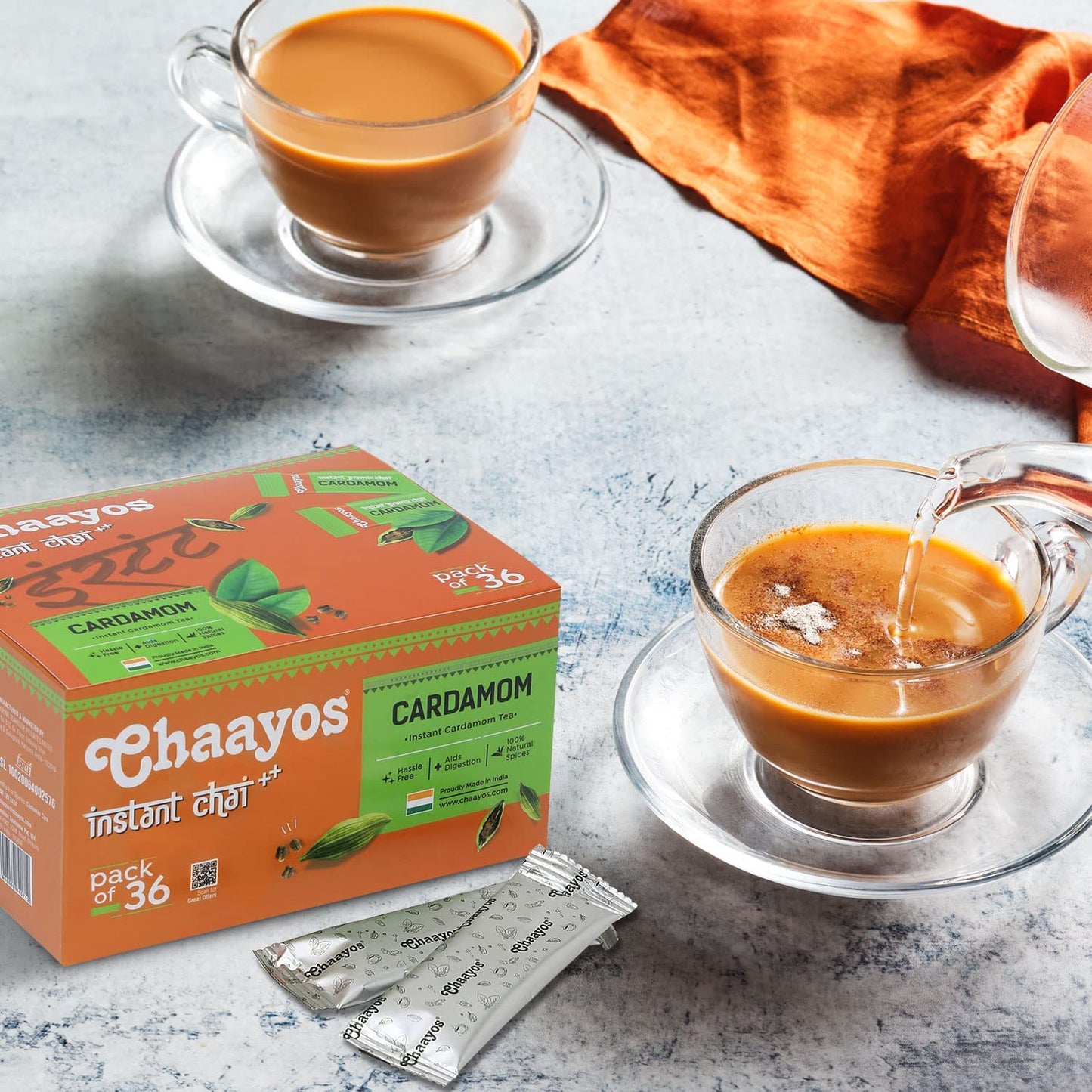 Chaayos Instant Tea Premix - Cardamom Flavour - Low Sugar (36 Sachets) | Instant Tea | Tea Premix | Cardamom Tea